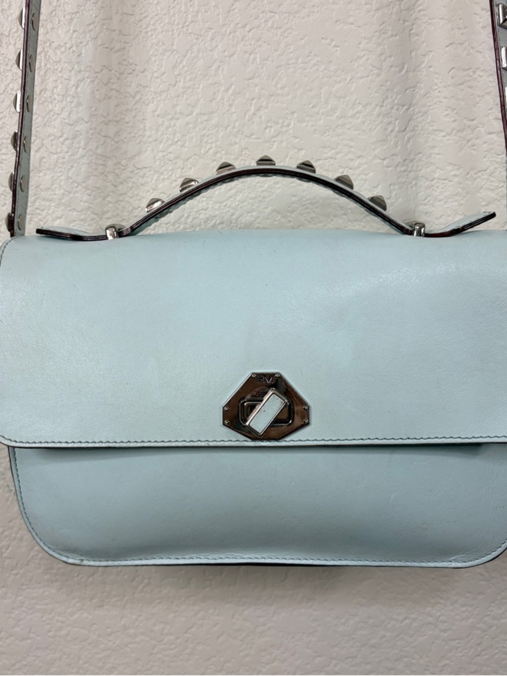 Rebecca Minkoff Pale Mint Leather Crossbody Bag with Studded Strap Top Handle - Picture 2 of 13